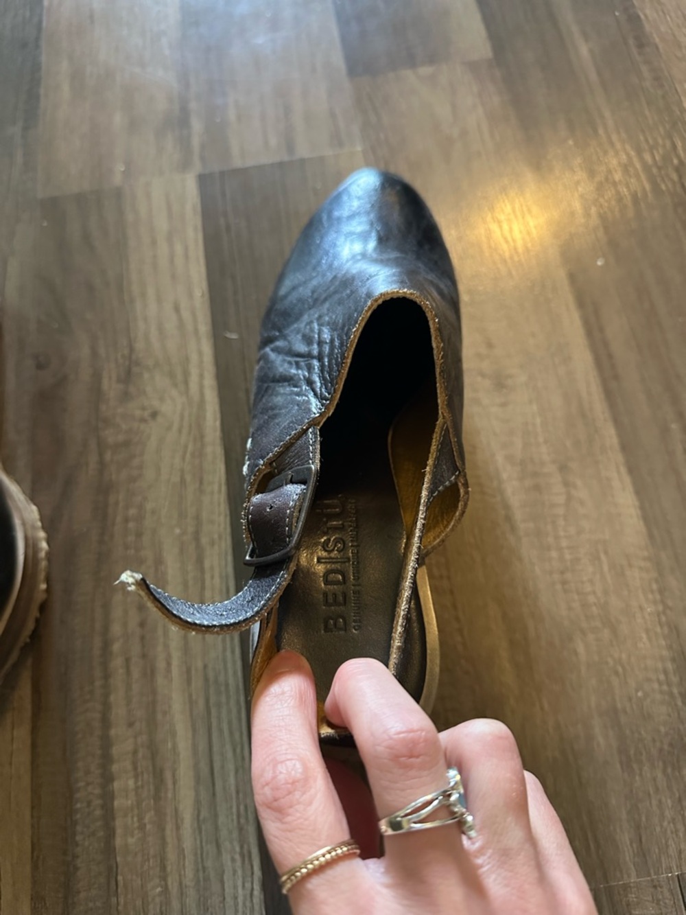 Bed Stu-Black Leather Women's Mule Clogs with Ankle Strap - Picture 3 of 7